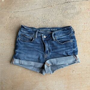 American Eagle Outfitters High Rise Shortie Crossover Blue Jean Shorts Cuffed